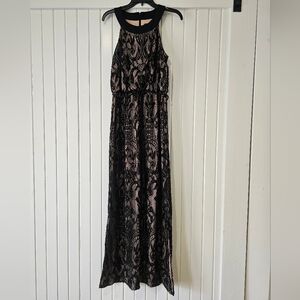 Nude Black lace mesh long evening gown size 6
